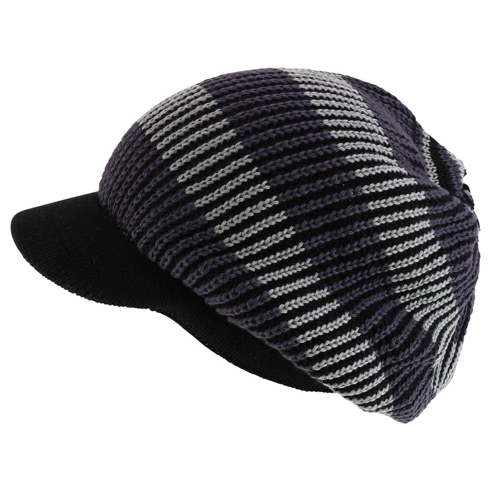 5850 Striped Dreadlock Deep Shell Knitted Cotton Beanie Visor Cap - Black